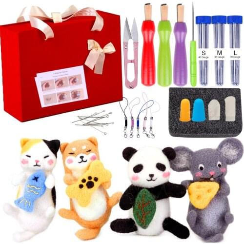 LMDZ 90Pcs Needle Wool Felting Kit Poked Kitting DIY Cute Animal with 4Pcs Doll Making Manual Compact Felting for Beginners