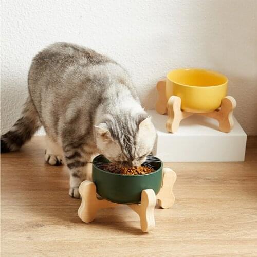 Pet Dog Bowl With Wood Raised Stand Ceramic Cat Dog Bowl For Dog Feeder For Cats Matte Heavy Non-Slip Bowl For Dogs Accessories