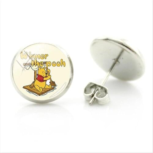 Disney Piglet Jumping Tiger Pooh Earrings Fashion Simple Style Stud Earrings Glass Cabochon Jewelry Womens Earrings