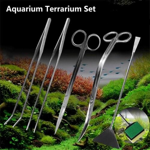 Aquarium Tools Kits Stainless Steel Aquarium Terrarium Set Aquarium Tank Plant Cleaning Trimming Tweezers Scissors Tank Cleaner
