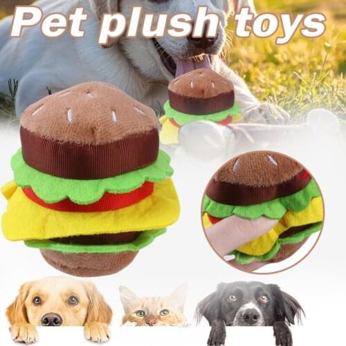 Squeaky Pet Plush Toy Cartoon Burger Shaped Cat Puppy Chewer Vent Toys Pet Teeth Cleaning Training Pet Bite Toy Free