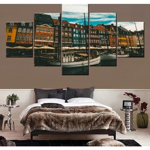Modern Artwork Modular 5 Panel Copenhagen Denmark house Buildings River And Boats Picture On Canvas Print Type Home Decor Wall