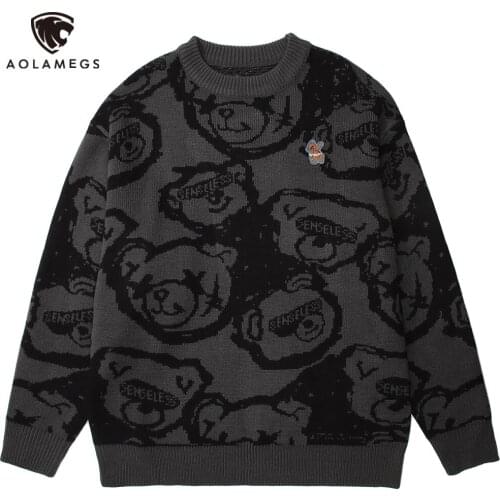 Aolamegs Sweater Men Colorful Funny Embroidery Patch O-Neck Pullovers Harajuku College Style Jumpers Casual Knitwear Streetwear