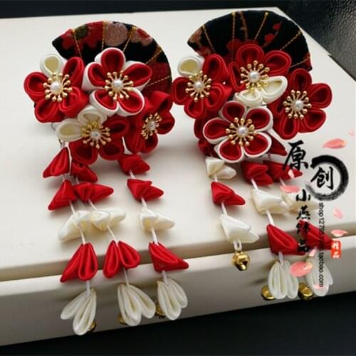 Japanese Hanfu Kimono Geisha Red Sakura Hair Clip Antiquity Hair Accessories Fan Bell Tassel Hairpin Tsumami zaiku Headdress