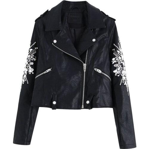 High Quality Women PU Leather Jacket Autumn 2021 New Fashion Shiny Crystal Beading Coat Short Top Modern Lady Black Outwear