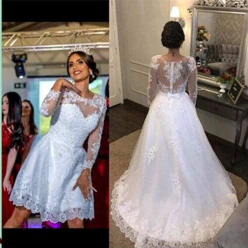 Pretty Elegant Long Sleeves Wedding Dresses with Detachable Train Sweep Train Lace Appliques Vestido De Noiva Bridal Gowns