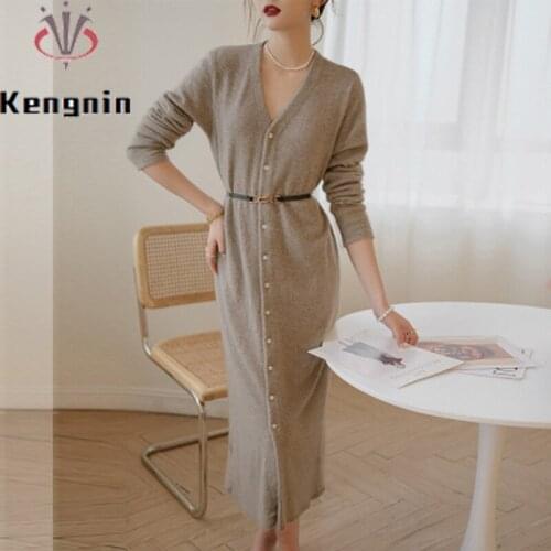 New 2021 Autumn Winter Women Wool Sweater Dresses French Style Red Color V-Neck Knitted Dress Robe Long Sleeve Vestidos KE1871