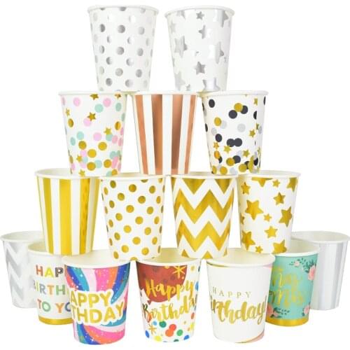 10pcs Gold Dot Star Stripe Stamping Disposable Tableware Paper Cups For Kids Adult Birthday Party Wedding Baby Shower Decoration