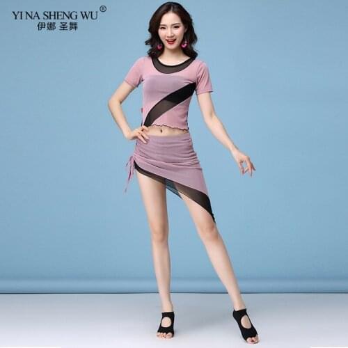 Double Colors Belly Dance Clothing Mesh Fabric Plus Size 2 Pieces Set Bellydance Top and Skirt Stretching Waist chain Bellydance