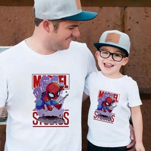 New Fashion Spider-man T Shirt Short Sleeve Summer Family Matching Outfits Father And Me Kids White O-neck T-shirts Family Tees