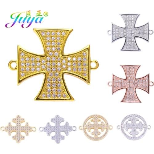 Juya DIY Costume Jewelry Making Findings Micro Pave Zircon Hero Glory Medal Religious Christian Cross Charm Connectors Supplies