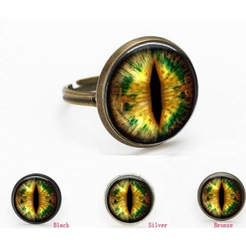 New green Dragon Cat Eye Fantasy Picture Photo Art glass Cabochon rings gift for send friend adjustable ring handmade 100