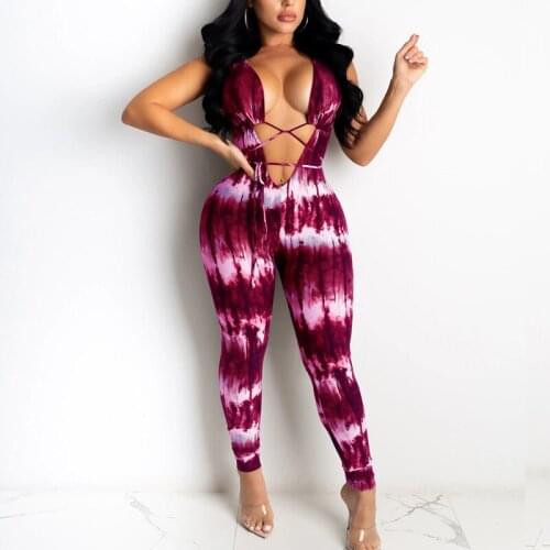Tie Dye Jumpsuits Womens Bandage Rompers V Neck Sleeveless Hollow Out Bodycon Jumpsuit Female Summer Fitness Sexy Lady Overalls