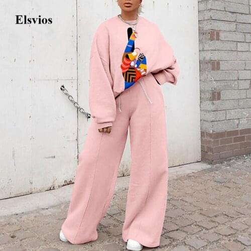 Casual Loose Two Piece Women Sets Sweatshirt Tops Wide Leg Pants Tracksuit Suit Cartoon Plaid Print Outfit Sportswear Streetwear