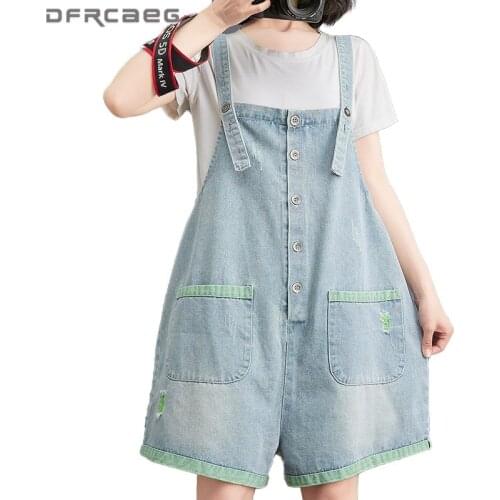 Summer Jumpsuit Short Wide Leg Pants Women 2021 Summer Loose Female Washed Patchwork Ripped Jeans Overall