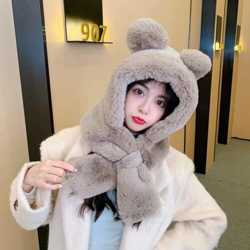 Fashion Winter Women Novelty Beanies Caps Warm Cute Bear Ear Hat Casual Plush Hat Scarf Set Casual Solid Women Caps Present