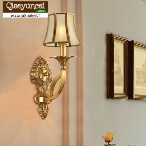 Qiseyuncai European-style living room brass wall lamp pastoral style study bedroom aisle full copper wall lamp