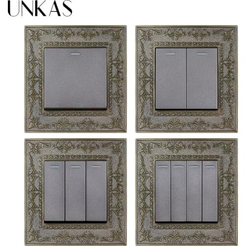 UNKAS 1 2 3 4 Gang 1 / 2 Way Wall Light On / Off Switch Grey 4D Embossing Panel Retro Zinc Alloy Luxury Pass Through Gray 86MM