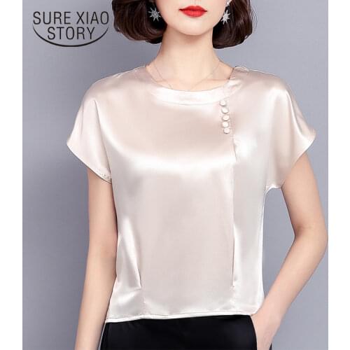 New fashion summer clothing women tops solid loose silk short sleeved blouses casual o-neck female 2021 blouses shirts 0425 40