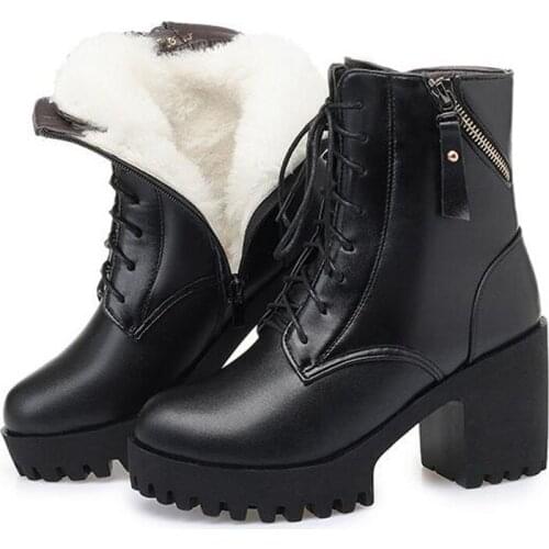 New Elegant Single Martin Boots Plus Size Warm Plush / Wool Winter Snow Boots Genuine Leather Shoes Woman Boots High Heel Boots