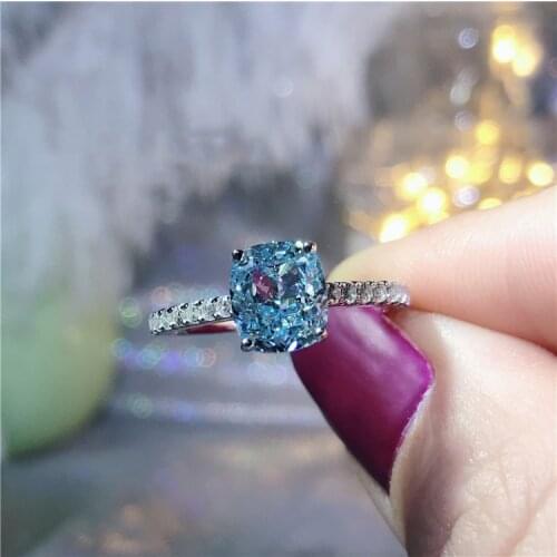 Luxury Female Natural Aquamarine Stone Ring Real 925 Sterling Silver Engagement Ring Crystal Solitaire Wedding Rings For Women