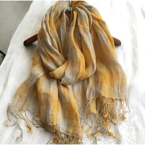 100% Linen Plaid Contrast Tassels Linen Men/Women Yellow Scarves Woman Spring Scarf Pashmina Shawls Wraps Head Scarf bandanas