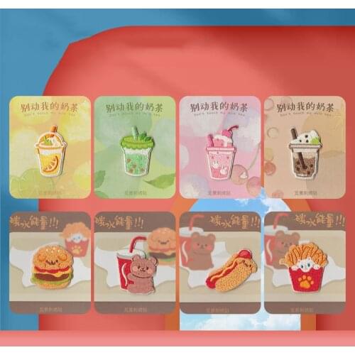 AHYONNIEX Embroidery Burger Milk Tea Food Drinks Patches For DIY Clothing Iron on Patch with Hot Melt Glue Embroidery Emblem