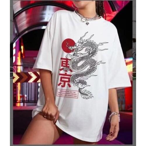 Streetwear White Short Sleeved Tshirt Women Summer 2021 Dragon Pattern Printed Half Sleeve T-shirt All Match Top