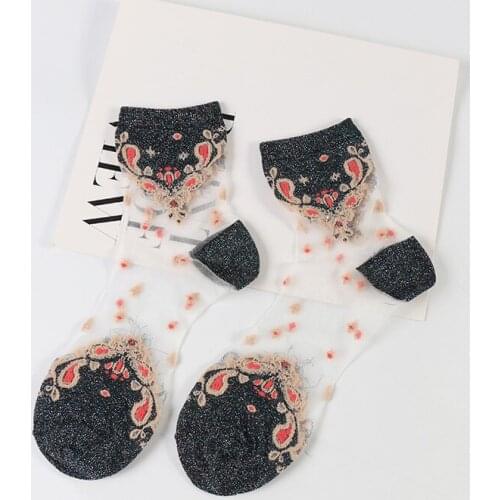 DONG AI 2 Pairs Woman Flower Glass Silk Ankle Socks Spring Summer Crystal Silk Elastic Sock Ladies Short Thin Sexy Sheer Sox
