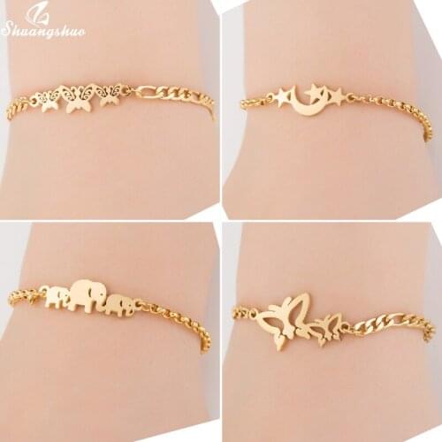 Shuangshuo Gold Stainless Steel Bracelets for Women Elephant Butterfly Charm Bracelets Femme Accessories Jewellery Birthday Gift
