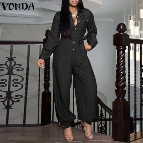 Women'Overalls 2021 VONDA Women Casual Long Sleeve Jumpsuits Female Cargo Pants Playsuits Pantalon Femme
