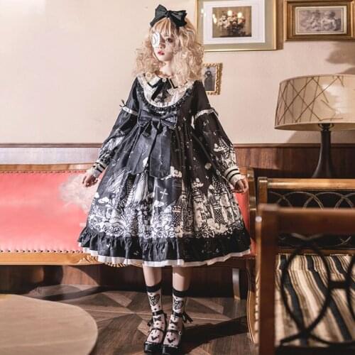 Bella 2021 Gothic Lolita Dark Color Loli Autumn Winter Daily Lolita High Waist Kawaii Girl Cos Long Sleeve Dress Women Vestidos