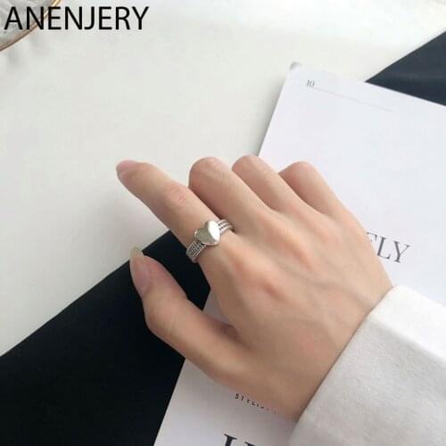 ANENJERY 925 Sterling Silver High Polish Love Heart Thai Silver Ring for Women Vintage Party Jewelry Gifts Wholesale S-R816