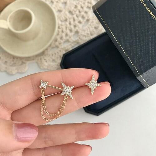 Asymmetric Star Long Chain Earrings Ear Clip Cubic Zirconia Tassel Piercing Earring For Women Party Wedding Rhinestone Jewelry