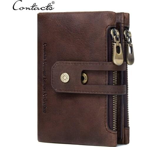 CONTACTS - Brand 100% Genuine Leather Men Wallets Card Holder Coin Purse Organizer Short Zipper & Hasp Wallet Vintage