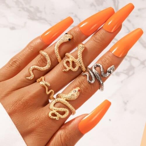 Docona 5pcs/sets Bohe Crystal Snake Rings for Women Punk Gold Silver Color Opening Animal Ring Sets Men Jewelry Anillos 17899