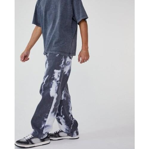 Mens Fashion Tie-Dye Printed Jeans Mid Waist Cloud Color Matching Trendy Straight Pants Wild Casual Chic Hip Hop Funky Trousers