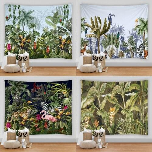 Palm Tree Tapestry Wall Hanging Tropical Leaves Flowers Birds Beach Wall Tapestry Animal Backdrop Wall Cloth Carpet Tapestries