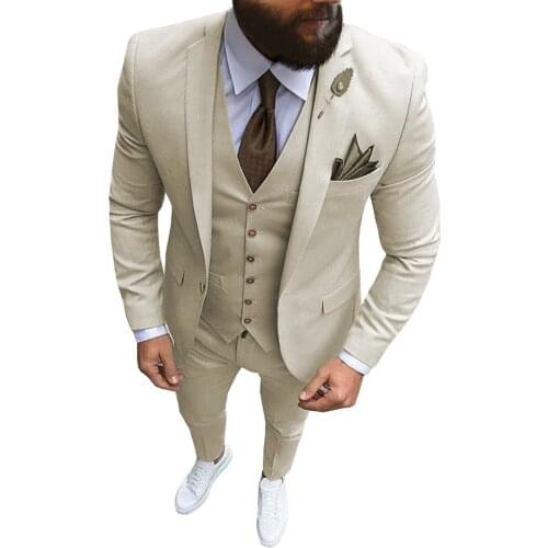 Formal Mens Suit Regular Fit 3 Piece Solid Prom Tuxedos Business Suits Set for Wedding Grooms (Blazer+Vest+Pants)