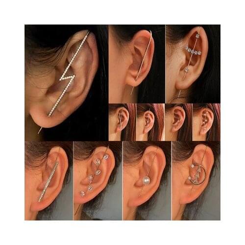 Female Simple Piercing Ear Needles Inlaid Crystal Leaves Lightning Shape Ear Wrap Crawler Auricle Style Diagonal Stud Earrings