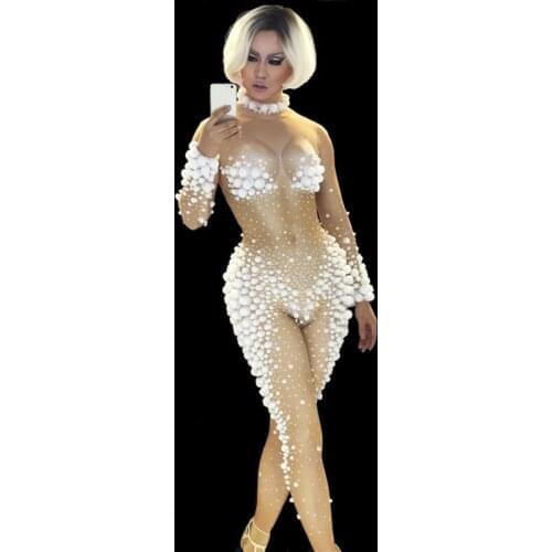 White Ball Sexy Nude Rhinestones Jumpsuit Party Outfit Female Dance Costume Performance Show Leotard Singer Nightclub Stage Wear