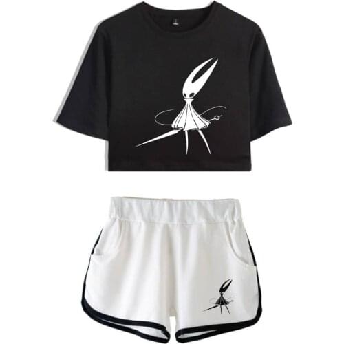 Fashion Hollow Knight Print Girls Dew navel Two Piece Set Hollow Knight Sexy Short Sleeve Crop T-shirts+Shorts Pants Tracksuit