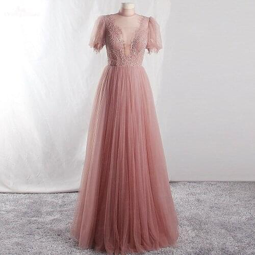 LZF122 Bean Paste Color High-Neck Bow Puff Sleeve Evening Dresses Elegant Lace Pearls Soft Tulle Long Dress Bohemia Women Gown