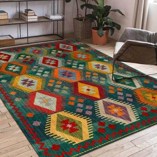 Fashion Red and Green Moroccan Geometric Mosaic Ethnic Style Living Room Bedroom Bedside Carpet Floor Mats