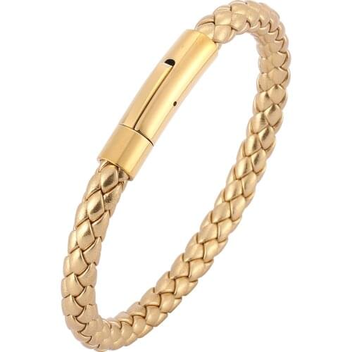 6mm Fashion Golden Braided Leather Bracelet Men Women Stainless Steel Spring Buckle Bangles Rope Chain Jewelry Drop Shipping