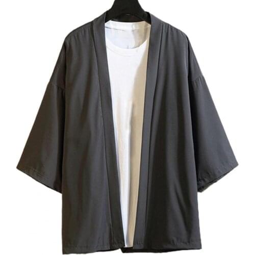 Ele-choices Open Front Chinese Style Retro Shirt Men 3/4 Sleeve Solid Color Shirt Coat Male Outwear for Daily Wear Vacation