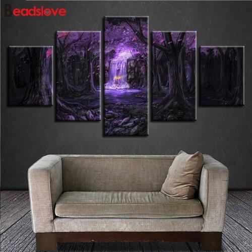 Diamond embroidery 5 Pieces Purple Fantasy Forest Waterfall 5D DIY diamond Painting Full square Round mosaic Cross-Stitch kits