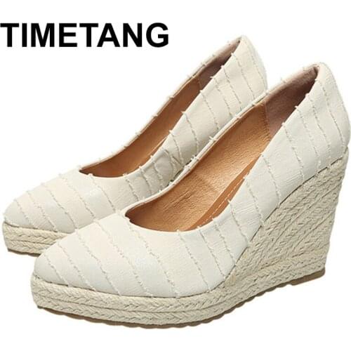 TIMETANG 2021 New Wedges High Heels For Womens With Stripe Pointed Hemp Rope Weaving Single Shoes
