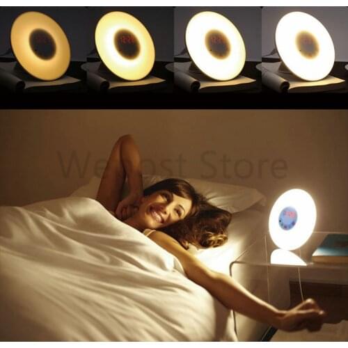 New Digital Led Alarm Clock FM Radio Wake Up Alarm Display clock Dimmable Color Changing Circular Modern Table Lamp