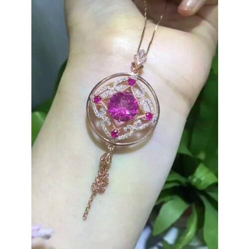 Natural red topaz stone pendant S925 silver Natural gemstone Pendant Necklace trendy Lucky big round tassel women gift jewelry